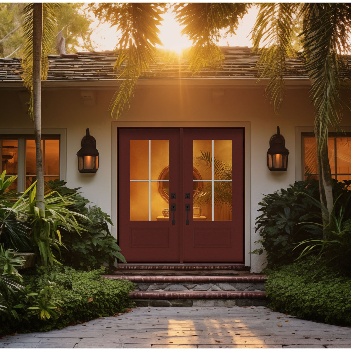 3/4 lite flush glazed fiberglass entry door with grilles between the glass, shown installed