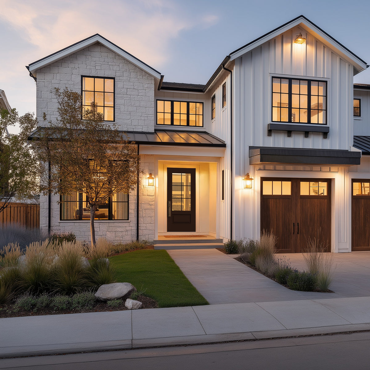 3/4 lite flush glazed fiberglass entry door with grilles between the glass, shown installed