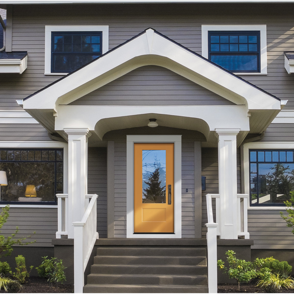 3/4 lite Shaker flush glazed fiberglass entry door with clear glass, shown installed