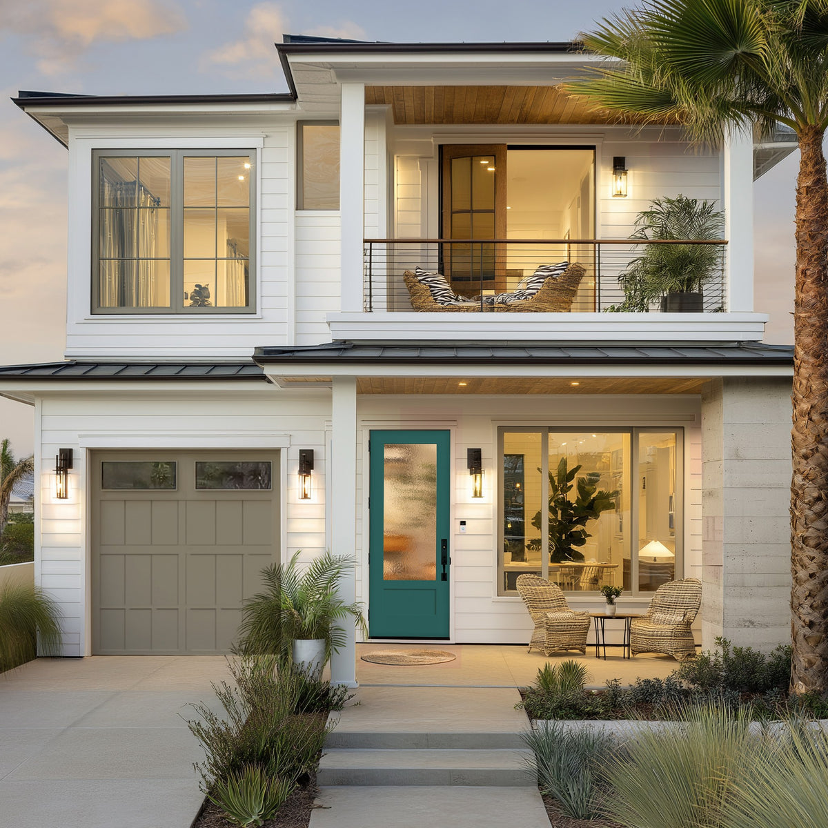 8 foot 3/4 lite Shaker flush glazed fiberglass entry door with Double Waterglass glass, shown installed