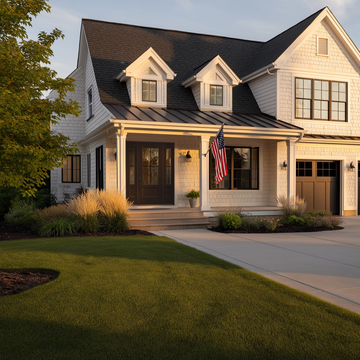 3/4 lite Shaker flush glazed fiberglass entry door with grilles between the glass, shown installed