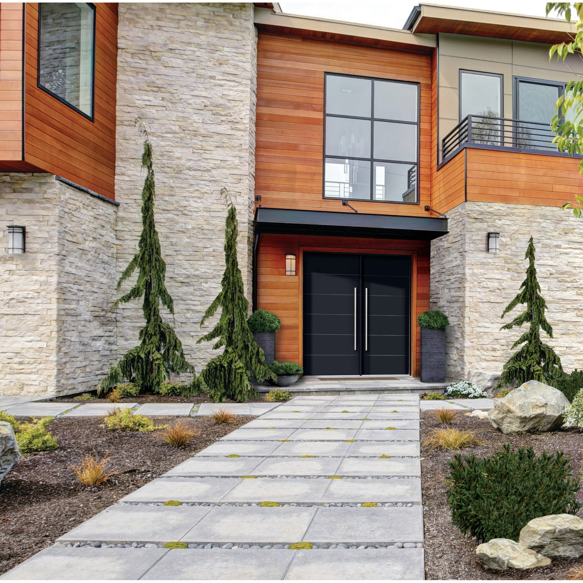 Contemporary 05 fiberglass entry door, shown installed