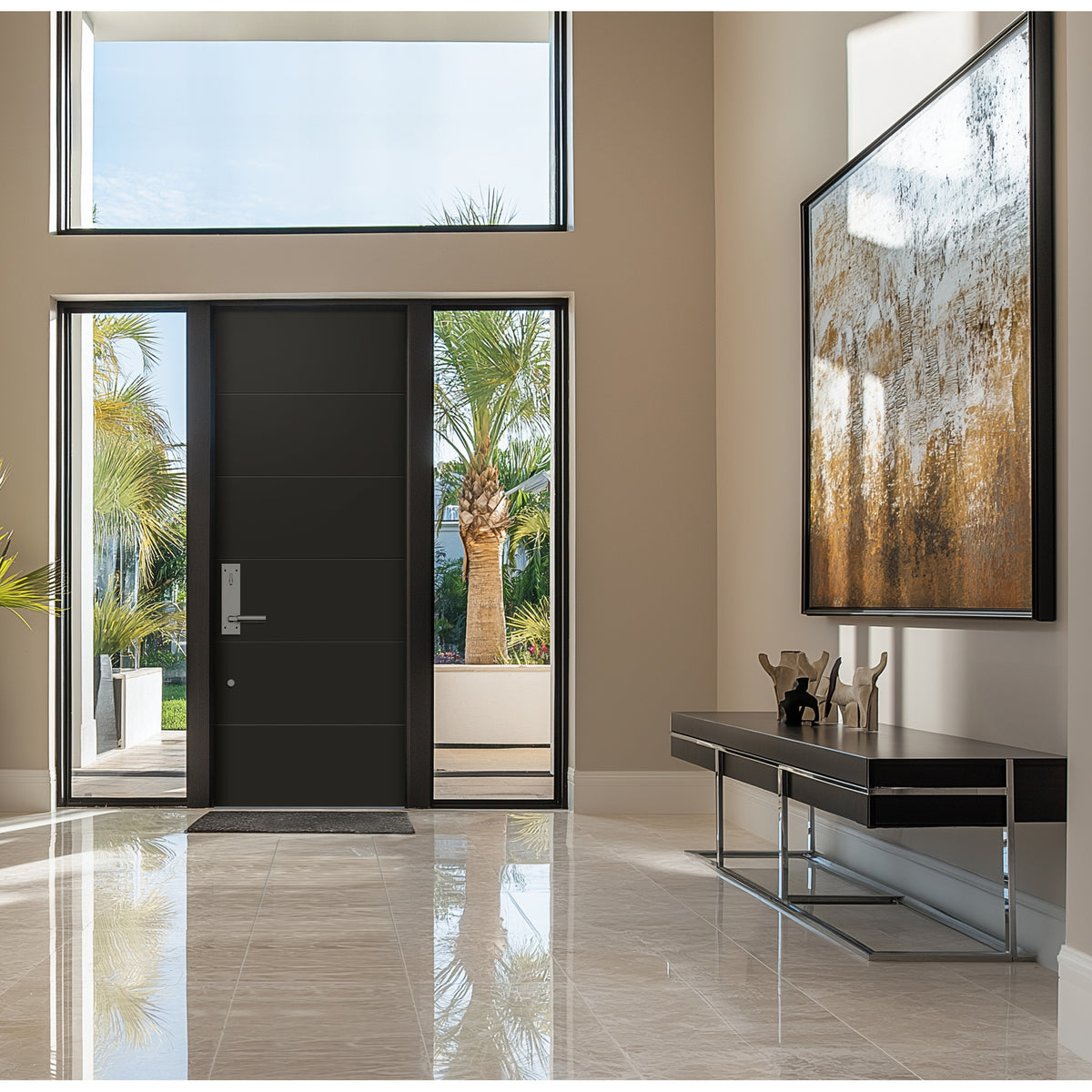 8 foot Contemporary 05 fiberglass entry door, shown installed