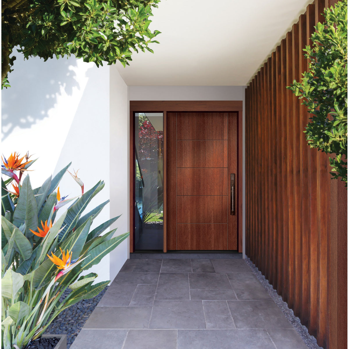 Contemporary 24 fiberglass entry door, shown installed