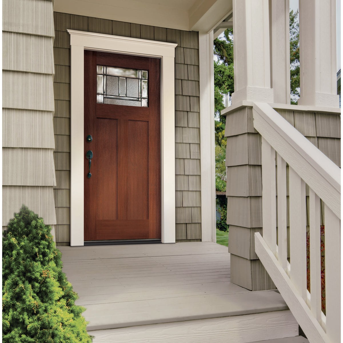 Craftsman 2 Panel flush glazed fiberglass entry door with Berkley glass, shown installed