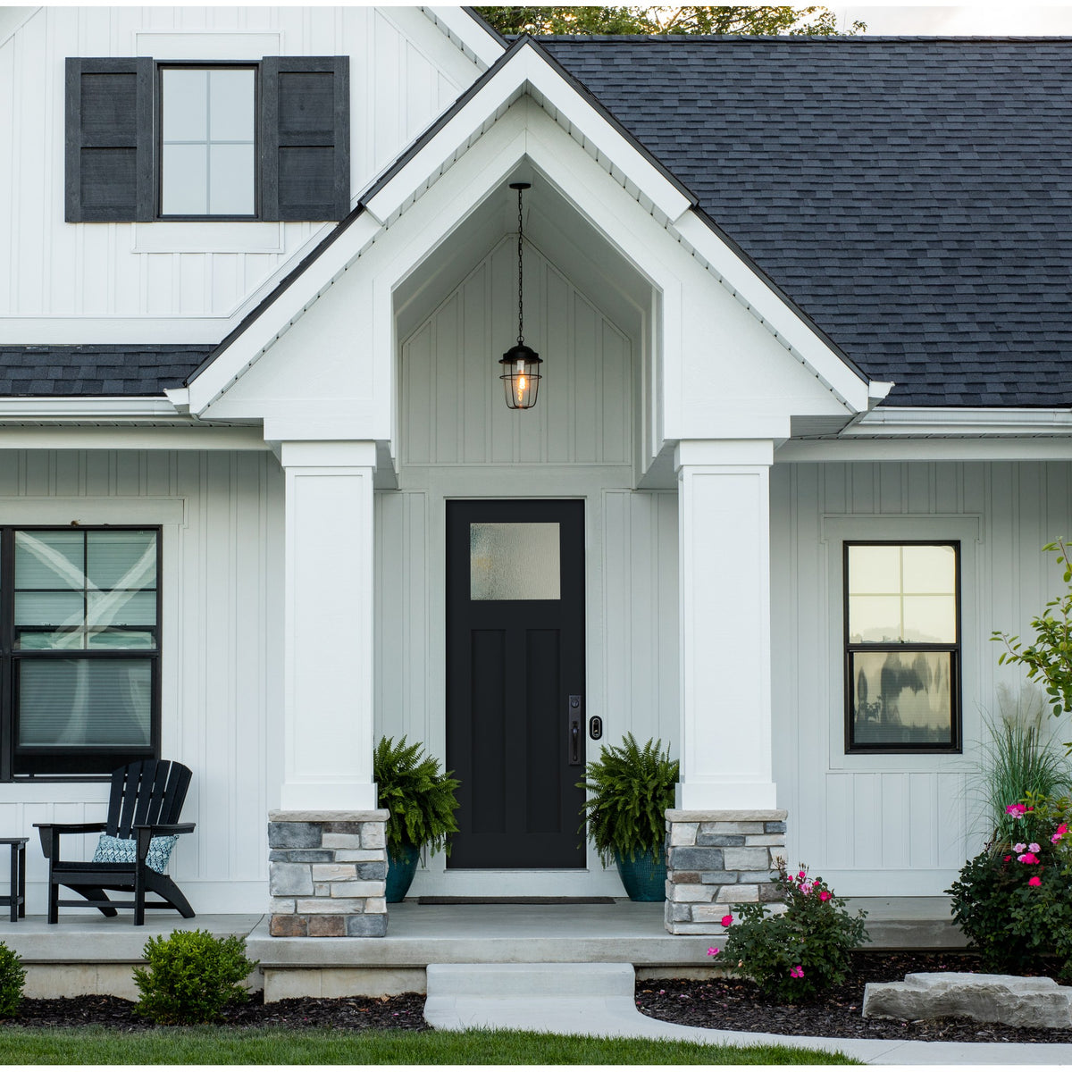8 foot Craftsman 2 Panel flush glazed fiberglass entry door with Rain glass, shown installed