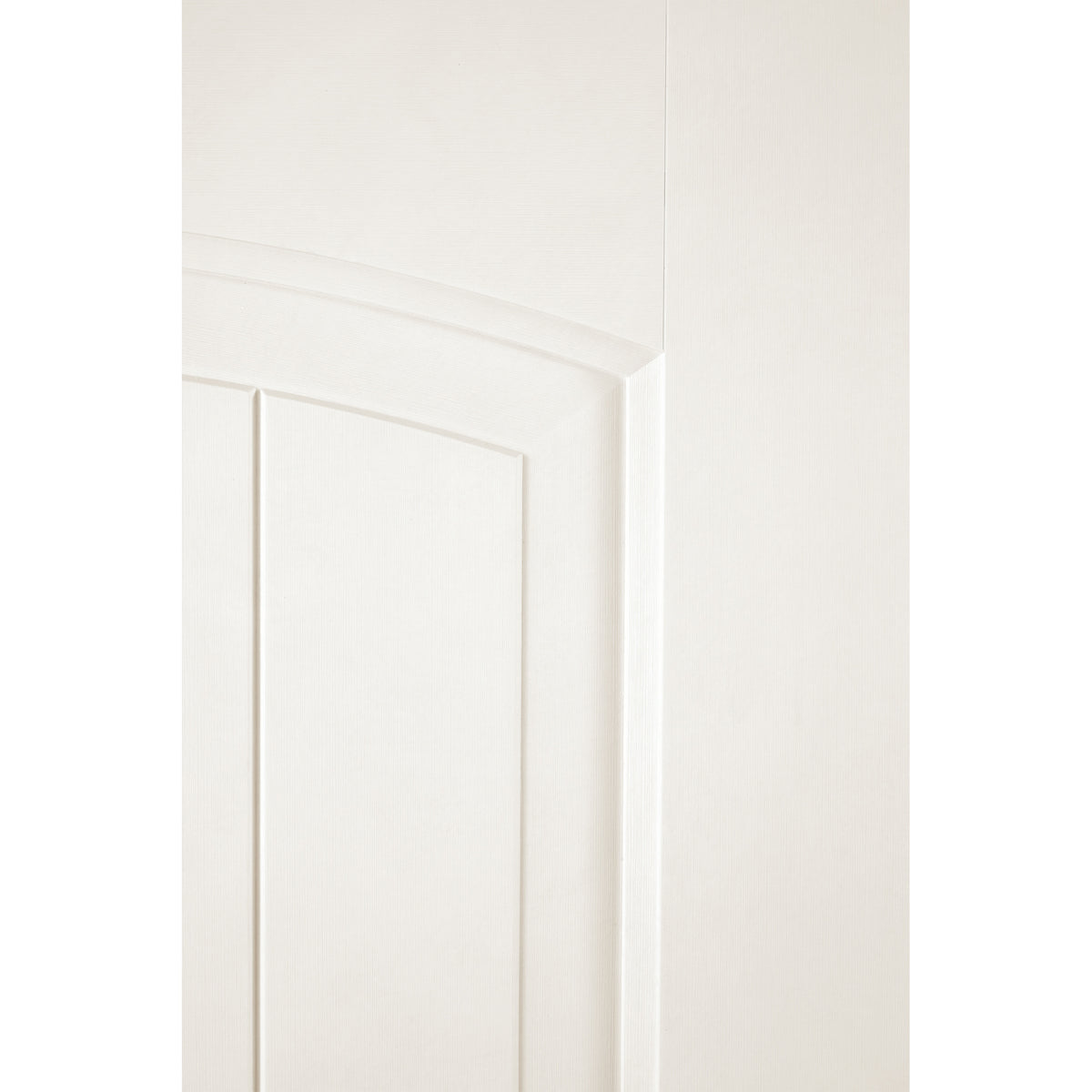 Close-up of the cambertop plank panel on a white Satin Smooth fiberglass door