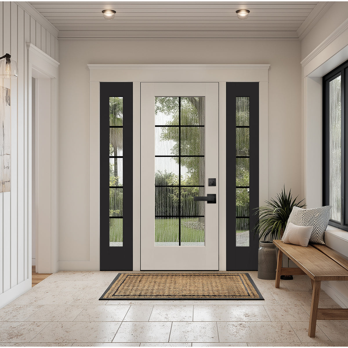 Hurricane-rated full lite flush glazed fiberglass entry door with grilles between the glass, shown installed