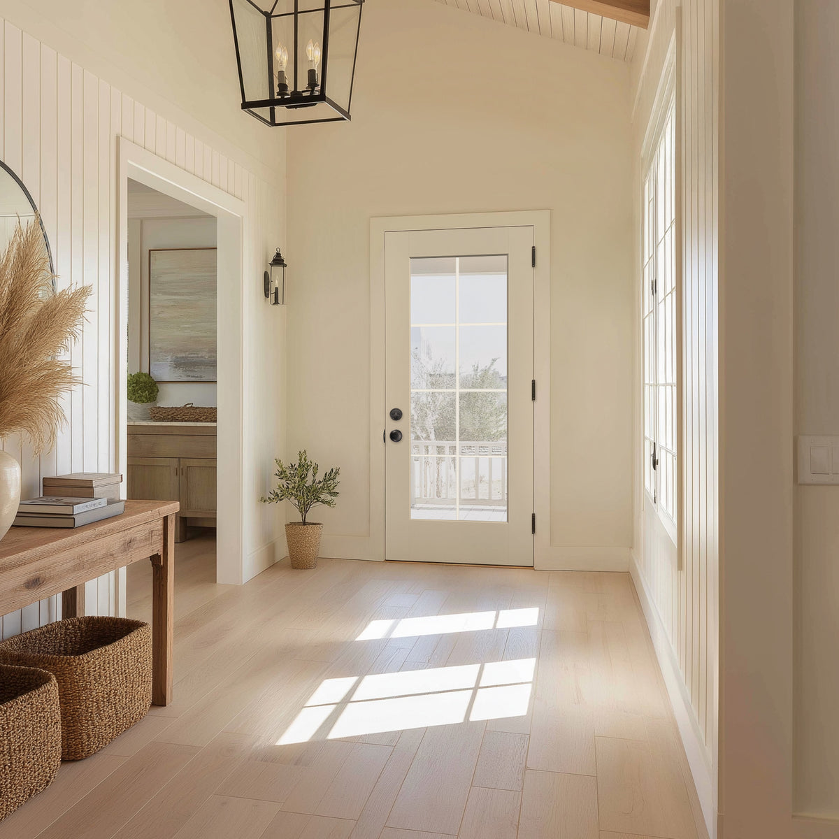 Full lite flush glazed fiberglass entry door with grilles between the glass, shown installed