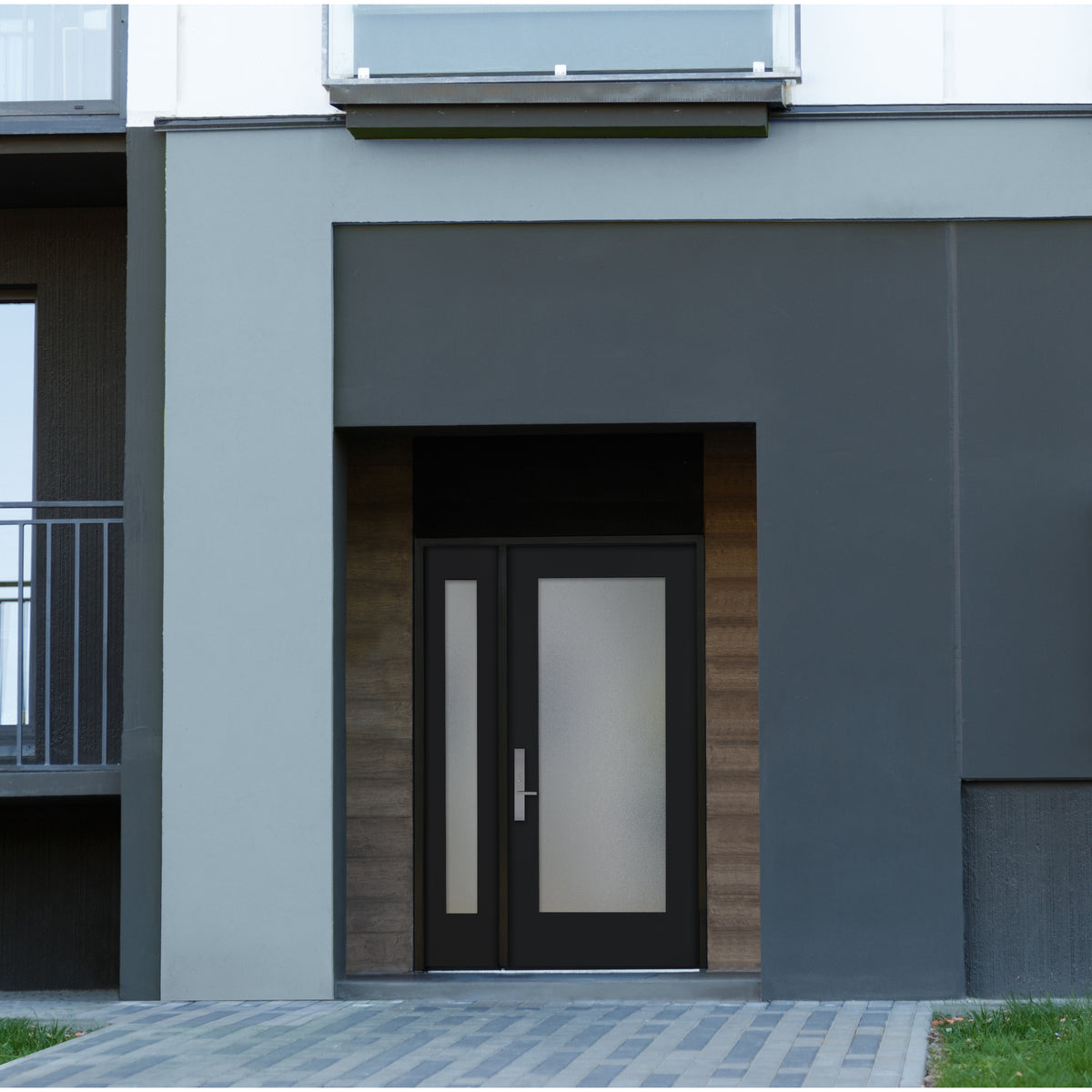 Full lite flush glazed fiberglass entry door with Micro-Granite glass, shown installed