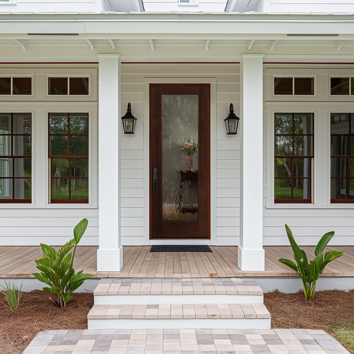 8 foot full lite flush glazed fiberglass entry door with Vapor glass, shown installed