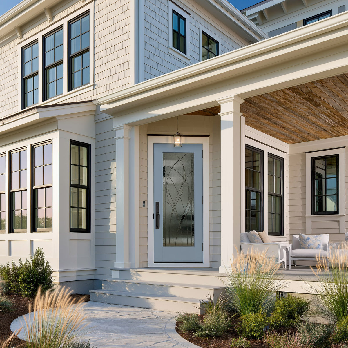 Full lite flush glazed fiberglass entry door with Waterside glass, shown installed