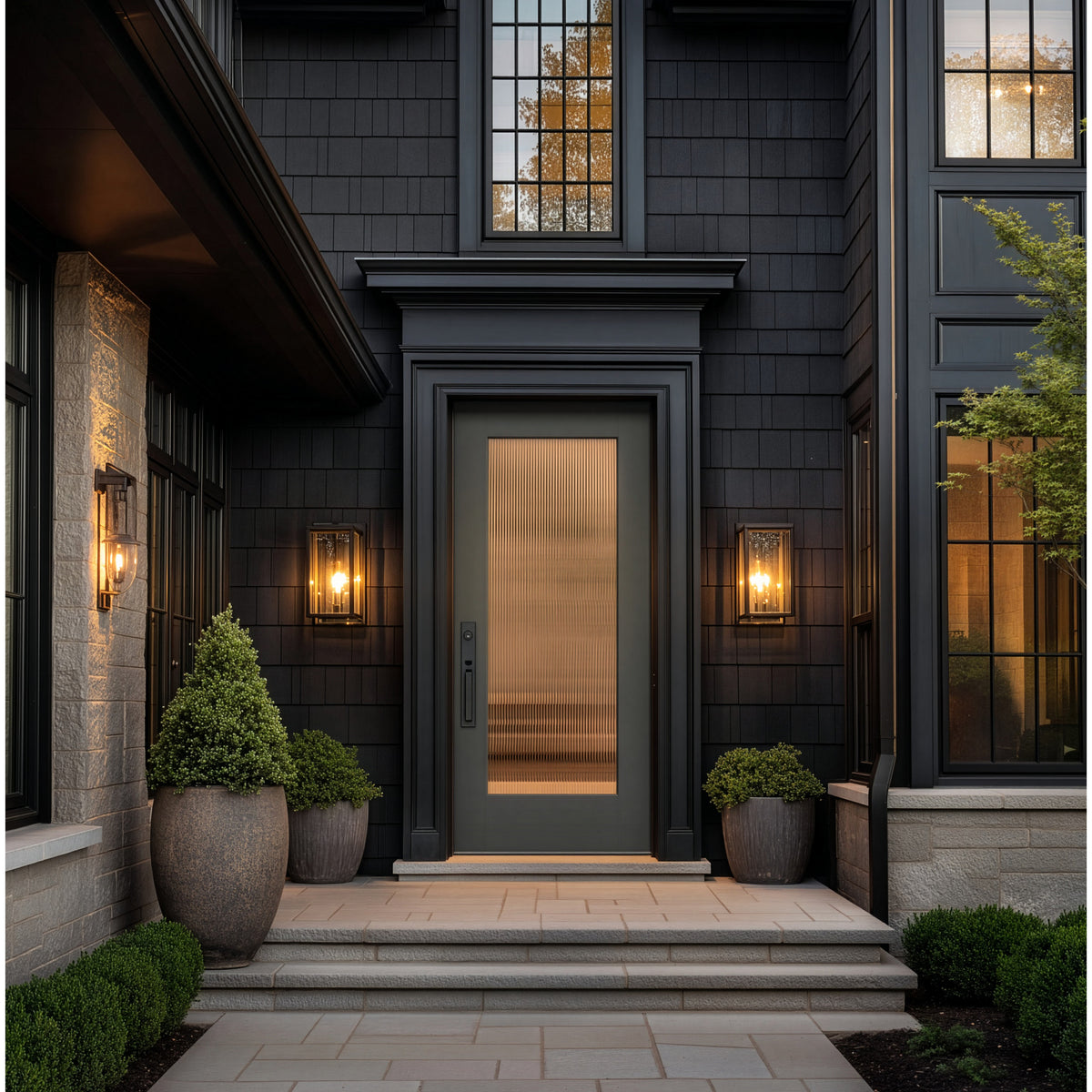 Full lite flush glazed fiberglass entry door with Wide Reed glass, shown installed