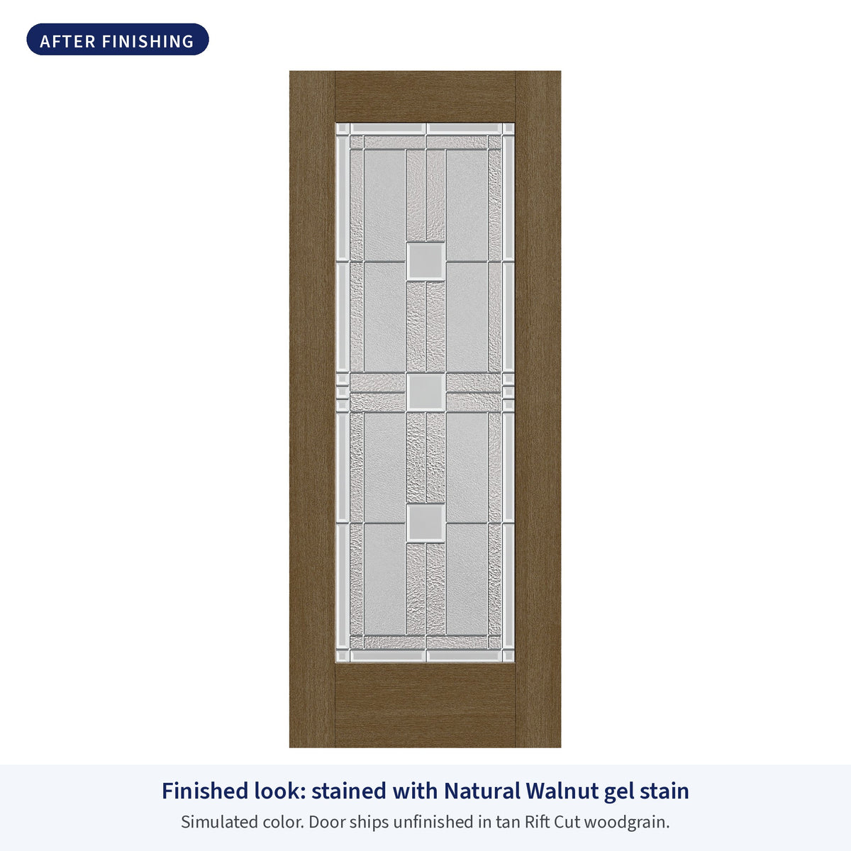Full lite flush glazed Rift Cut fiberglass entry door with Austin glass, shown after finishing with Natural Walnut gel stain (simulated color)
