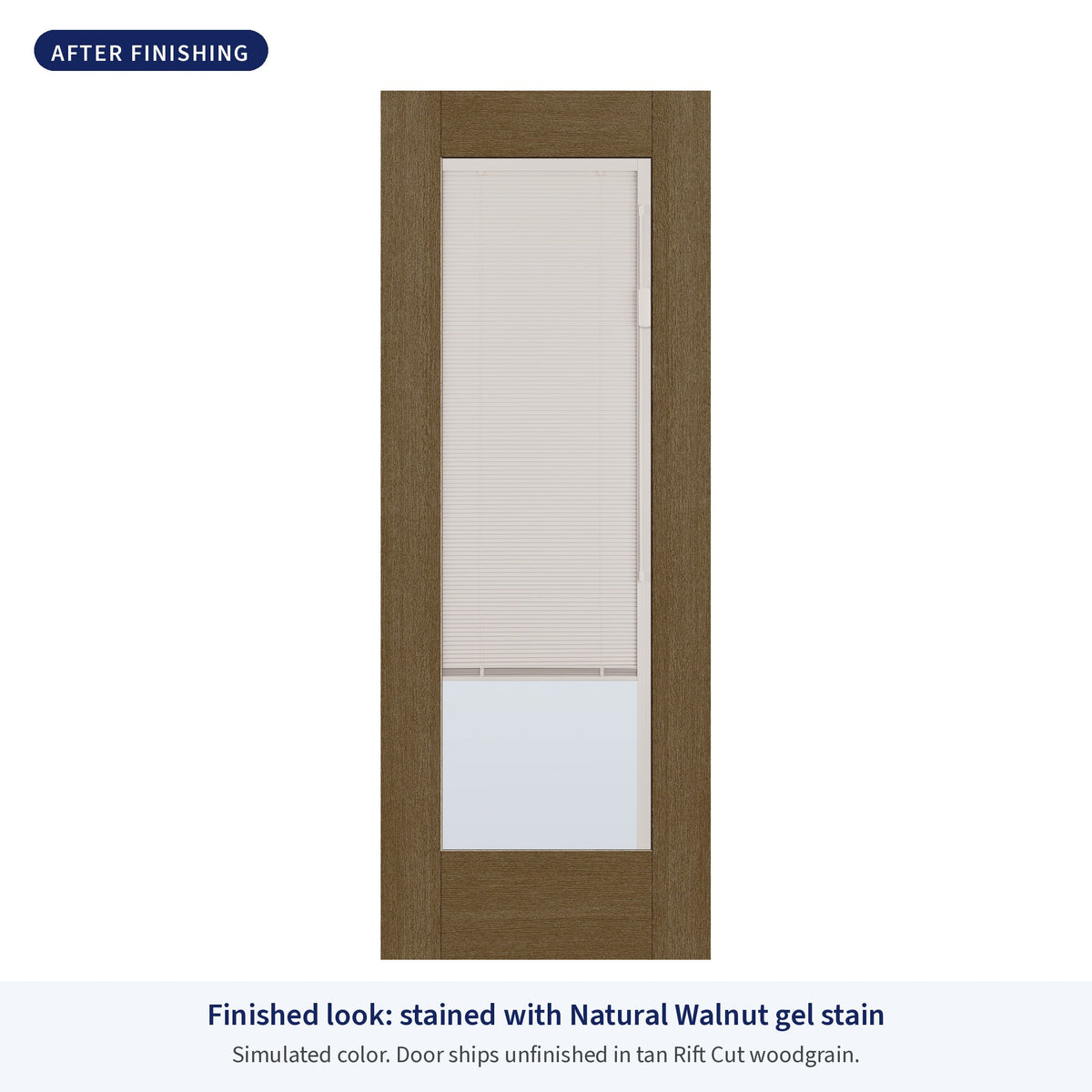Full lite flush glazed Rift Cut fiberglass entry door with raise and lower blinds, shown after finishing with Natural Walnut gel stain (simulated color)