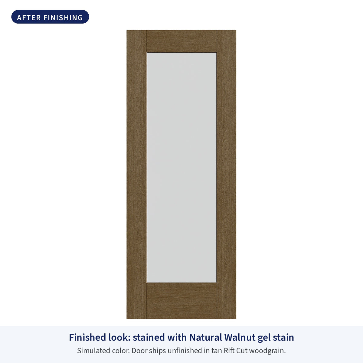 Full lite flush glazed Rift Cut fiberglass entry door with frosted glass, shown after finishing with Natural Walnut gel stain (simulated color)