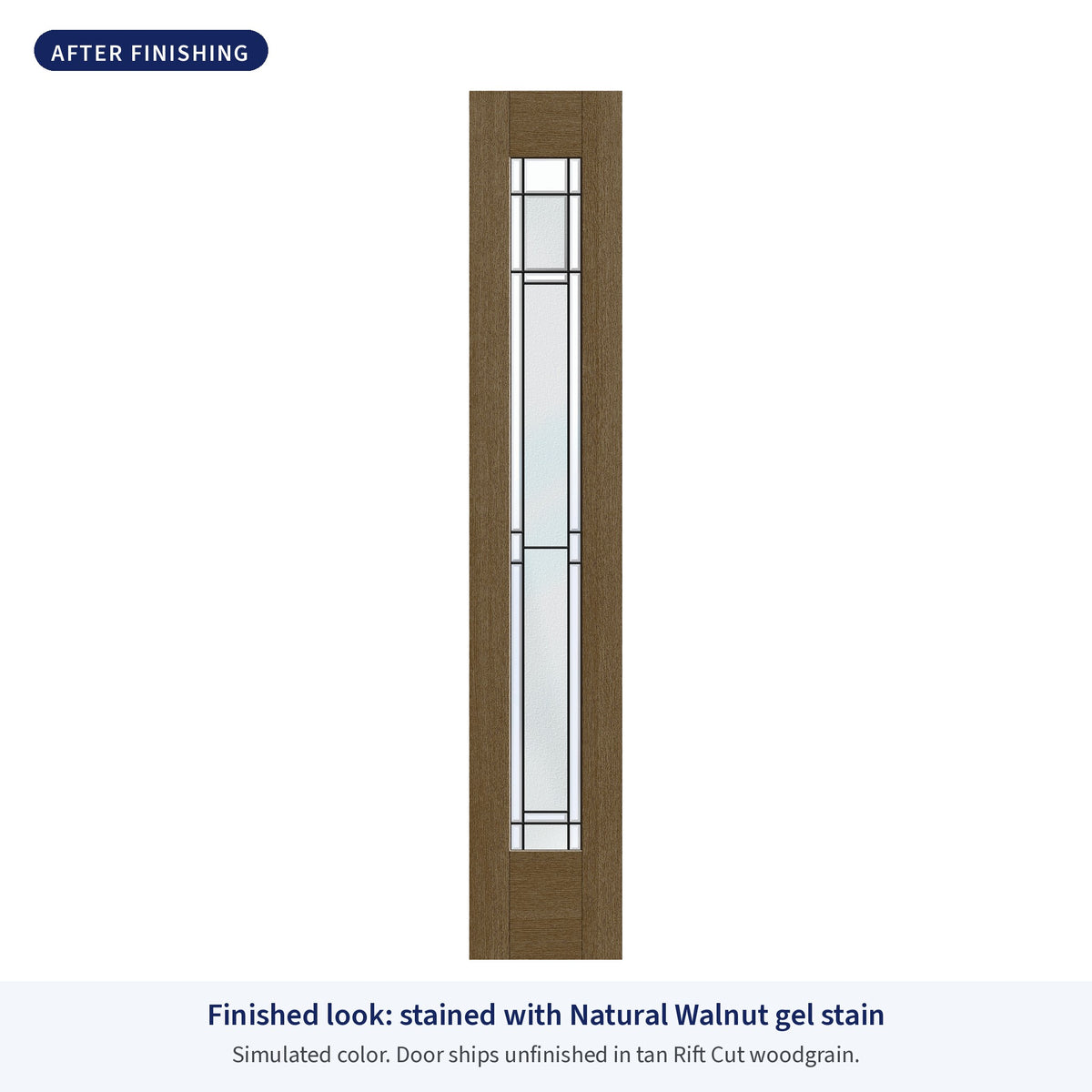 Full lite flush glazed Rift Cut fiberglass sidelite with Berkley glass, shown after finishing with Natural Walnut gel stain (simulated color)