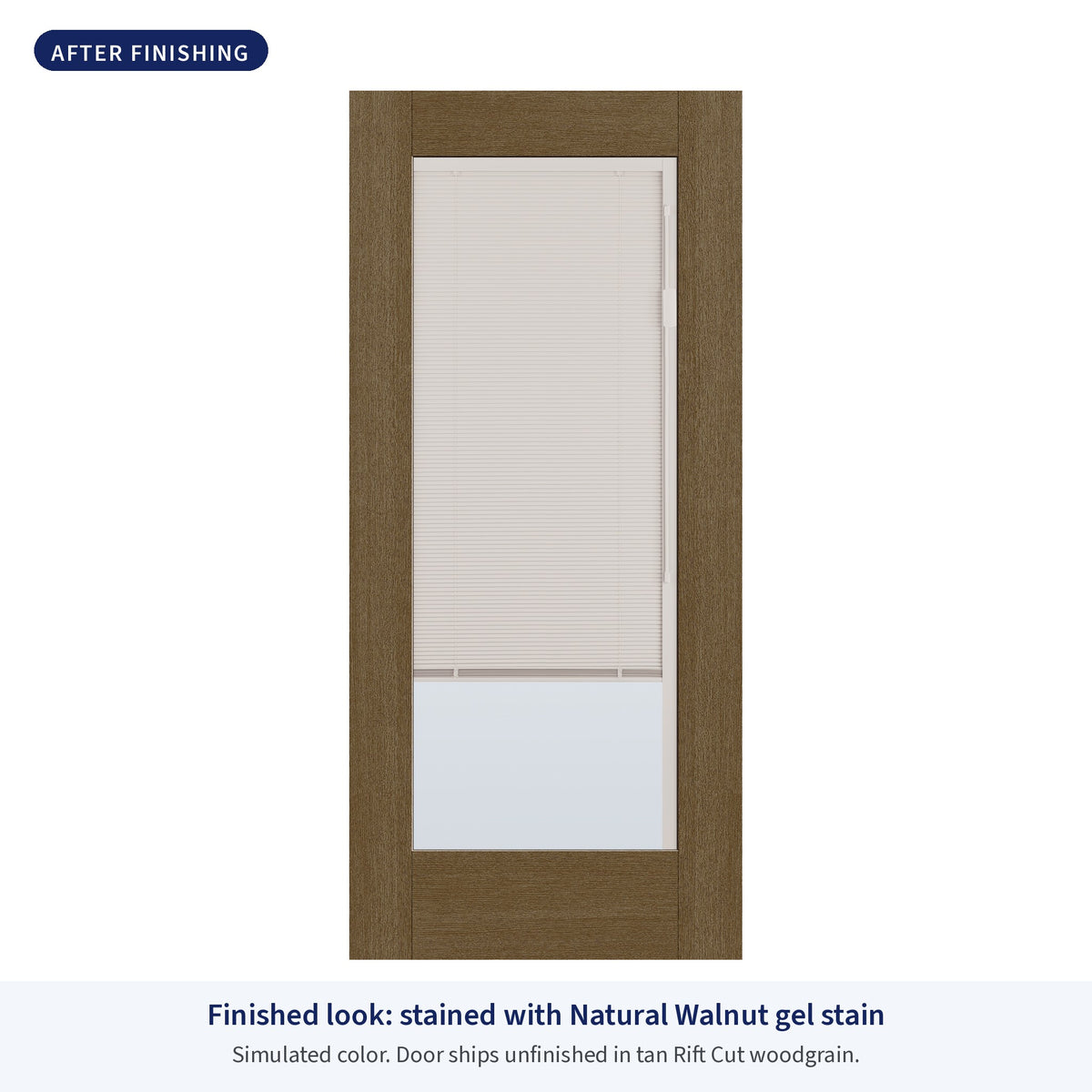 Full lite flush glazed Rift Cut fiberglass entry door with raise and lower blinds, shown after finishing with Natural Walnut gel stain (simulated color)