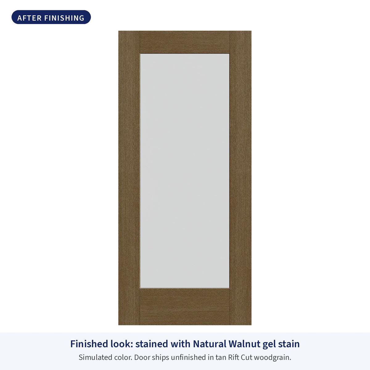 Full lite flush glazed Rift Cut fiberglass entry door with frosted glass, shown after finishing with Natural Walnut gel stain (simulated color)