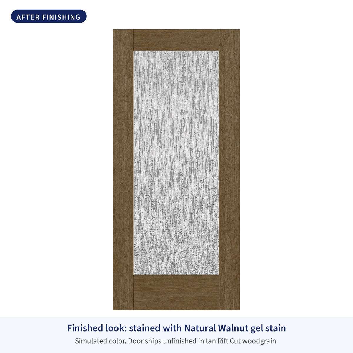 Full lite flush glazed Rift Cut fiberglass entry door with Rain glass, shown after finishing with Natural Walnut gel stain (simulated color)