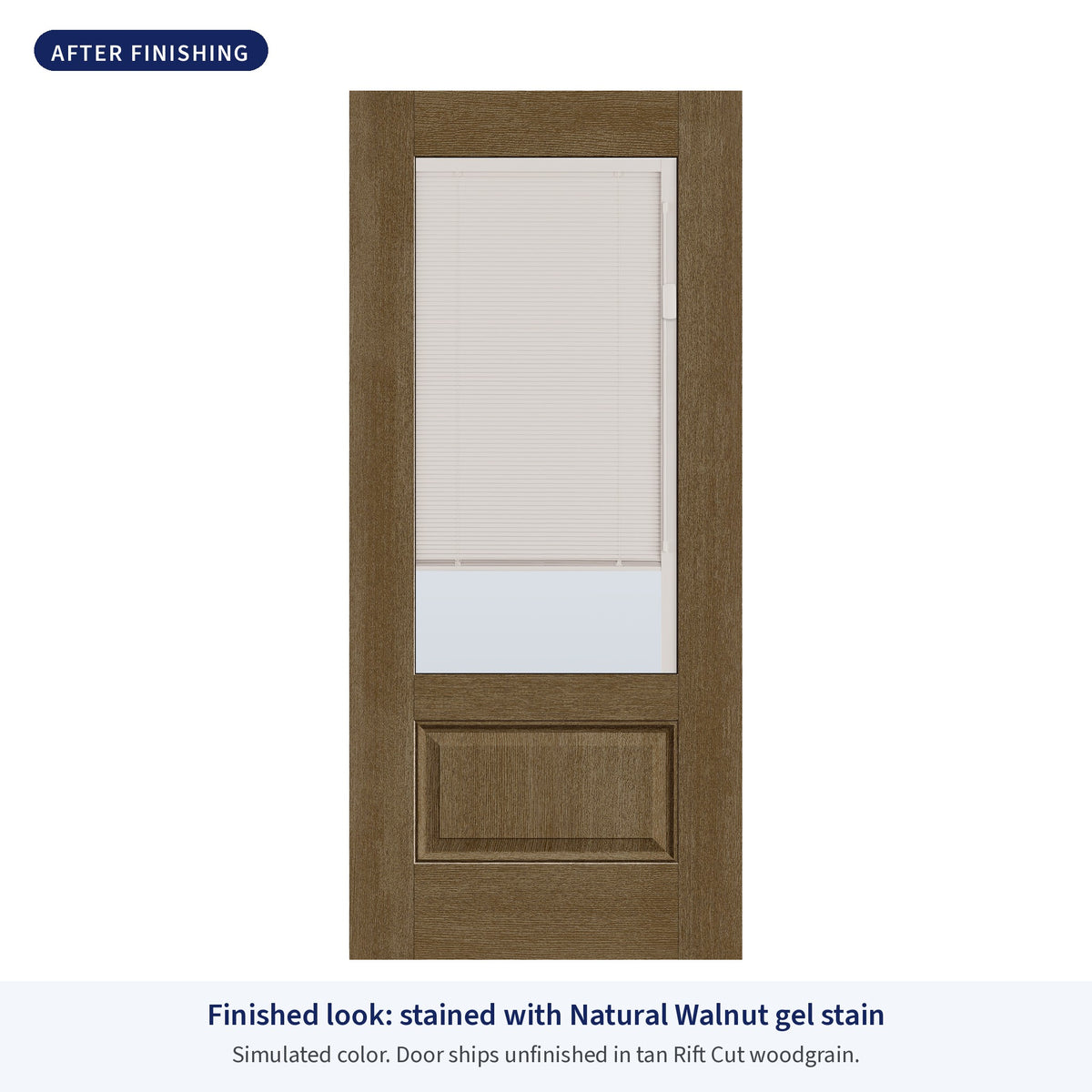3/4 lite flush glazed Rift Cut fiberglass entry door with raise and lower blinds, shown after finishing with Natural Walnut gel stain (simulated color)