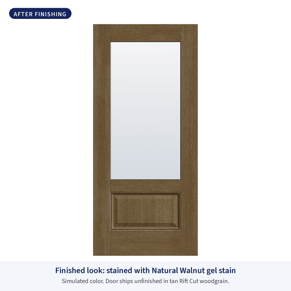 3/4 lite flush glazed Rift Cut fiberglass entry door with clear glass, shown after finishing with Natural Walnut gel stain (simulated color)
