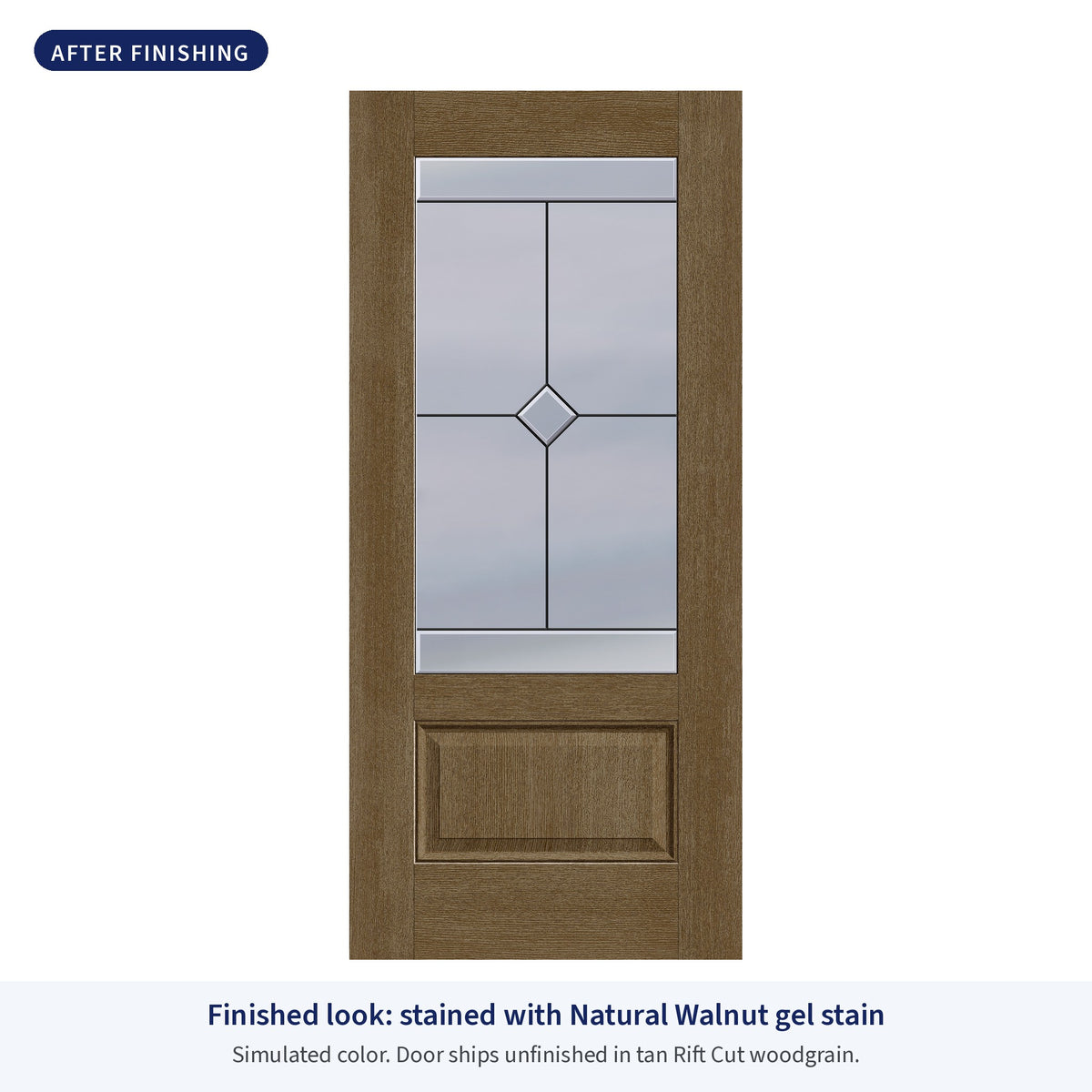 3/4 lite flush glazed Rift Cut fiberglass entry door with Garrison glass, shown after finishing with Natural Walnut gel stain (simulated color)