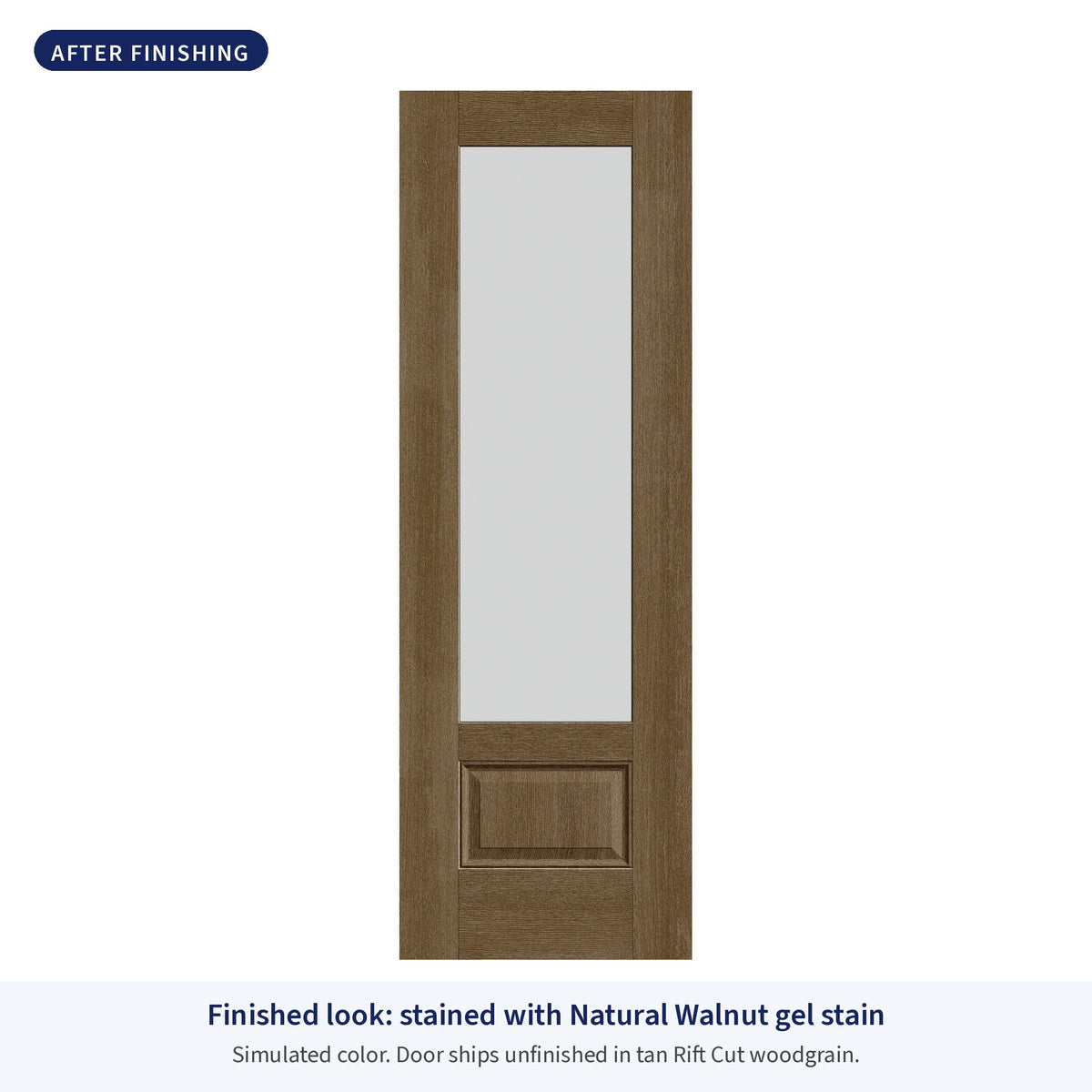 3/4 lite flush glazed Rift Cut fiberglass entry door with frosted glass, shown after finishing with Natural Walnut gel stain (simulated color)