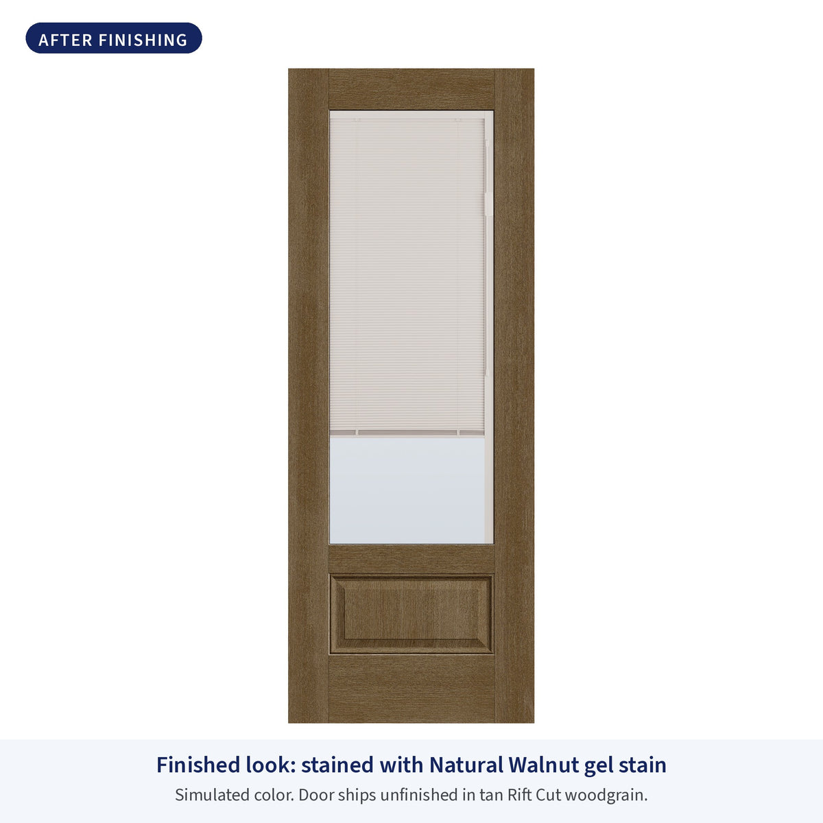 3/4 lite flush glazed Rift Cut fiberglass entry door with raise and lower blinds, shown after finishing with Natural Walnut gel stain (simulated color)