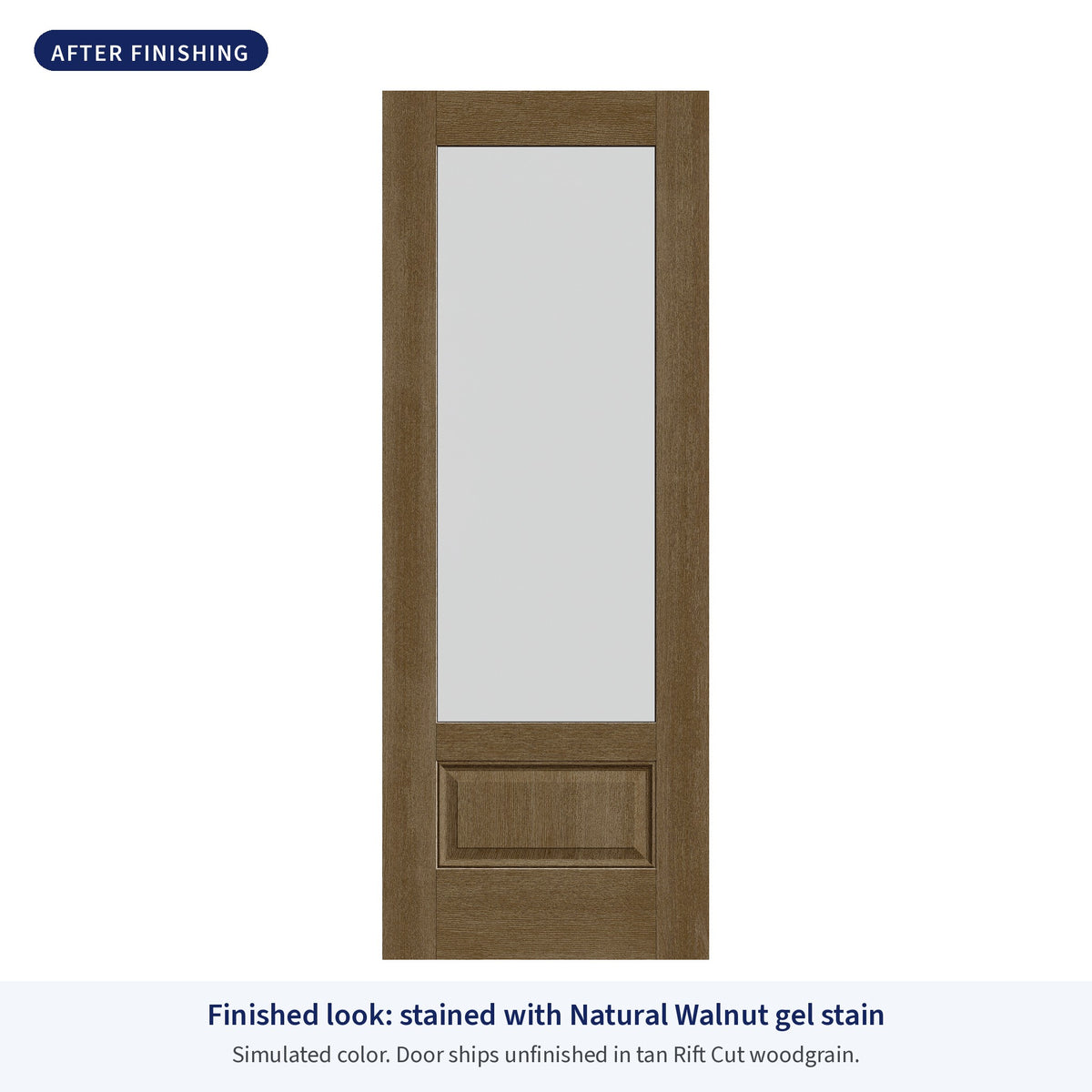 3/4 lite flush glazed Rift Cut fiberglass entry door with frosted glass, shown after finishing with Natural Walnut gel stain (simulated color)