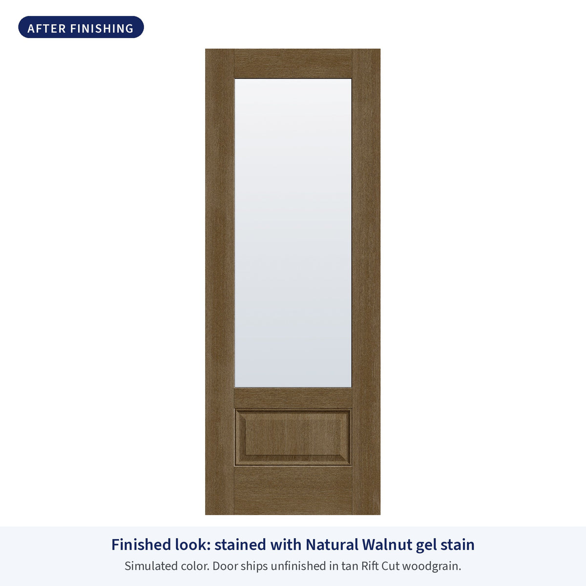 3/4 lite flush glazed Rift Cut fiberglass entry door with clear glass, shown after finishing with Natural Walnut gel stain (simulated color)