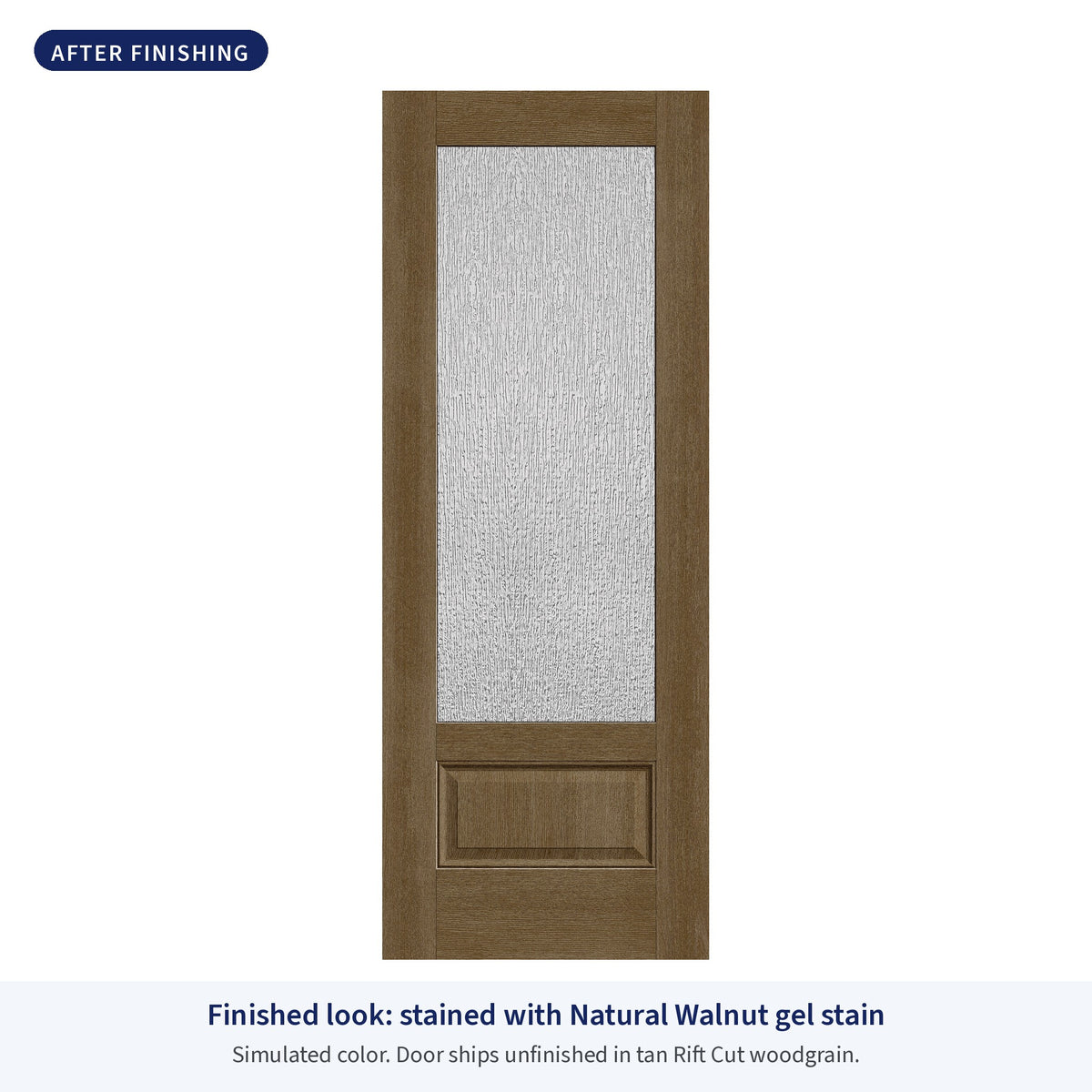 3/4 lite flush glazed Rift Cut fiberglass entry door with Rain glass, shown after finishing with Natural Walnut gel stain (simulated color)