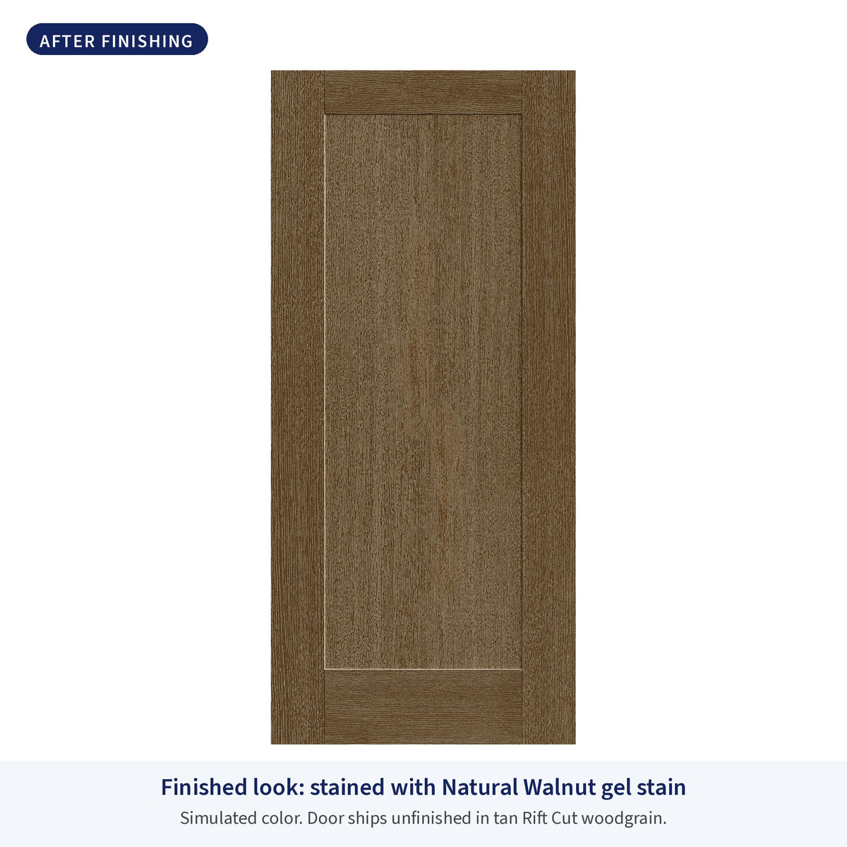 1 Panel Shaker Rift Cut fiberglass entry door, shown after finishing with Natural Walnut gel stain (simulated color)
