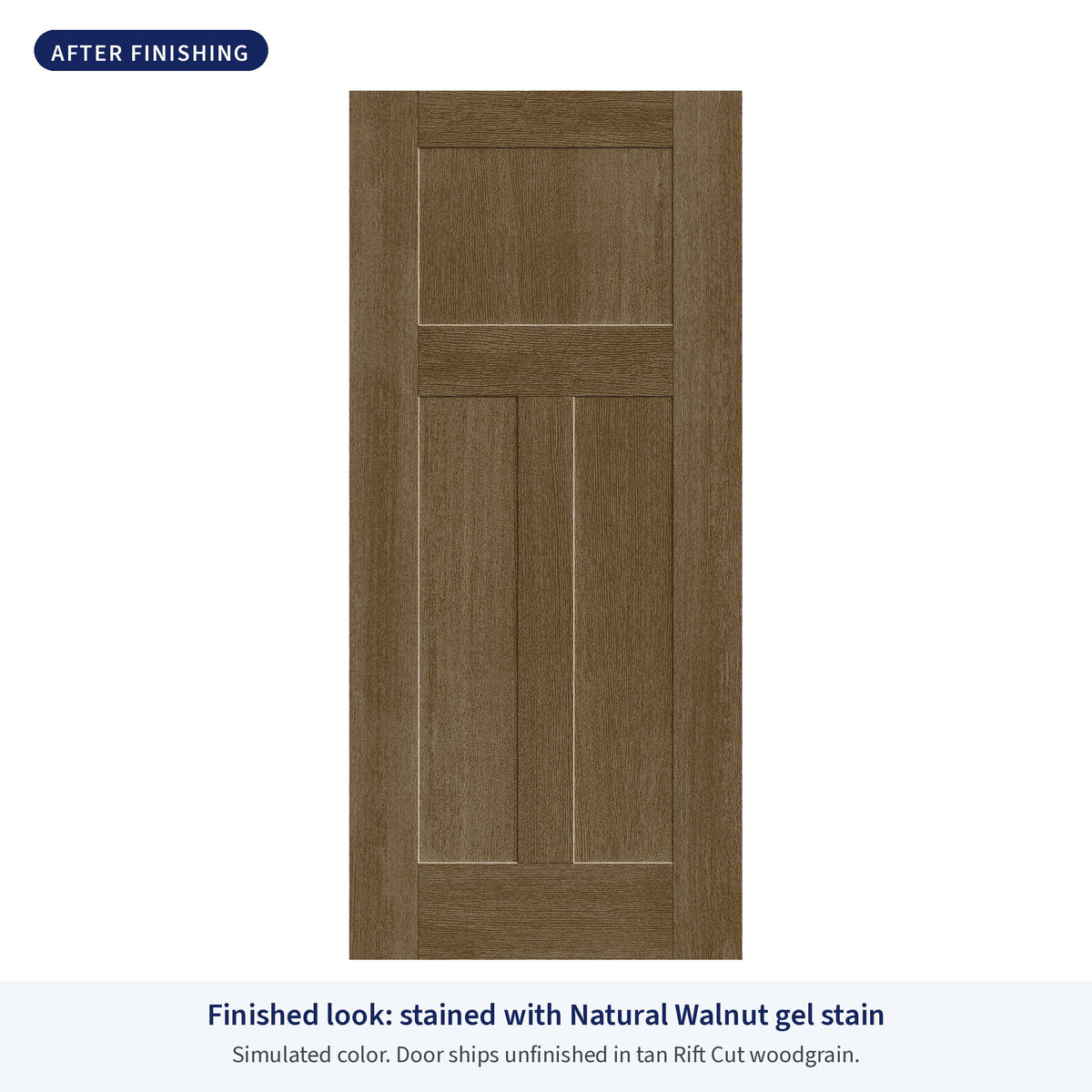 3 Panel Craftsman Rift Cut fiberglass entry door, shown after finishing with Natural Walnut gel stain (simulated color)