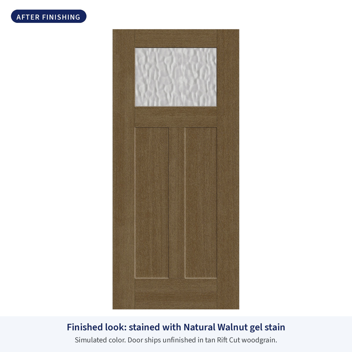 Craftsman 2 Panel flush glazed Rift Cut fiberglass entry door with Vapor glass, shown after finishing with Natural Walnut gel stain (simulated color)