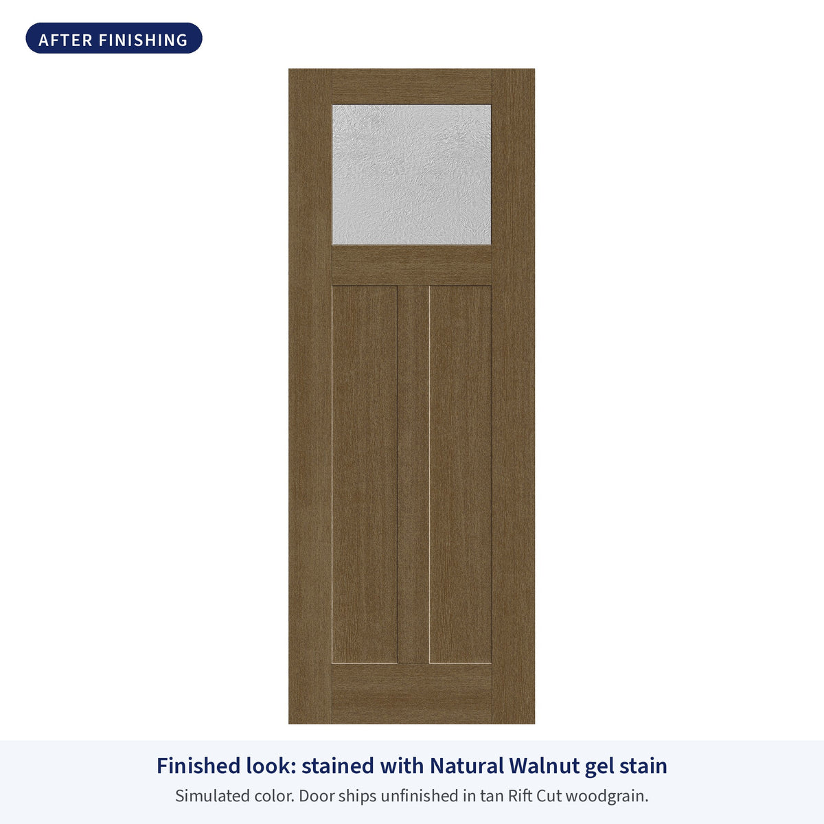 Craftsman 2 Panel flush glazed Rift Cut fiberglass entry door with Micro-Granite glass, shown after finishing with Natural Walnut gel stain (simulated color)