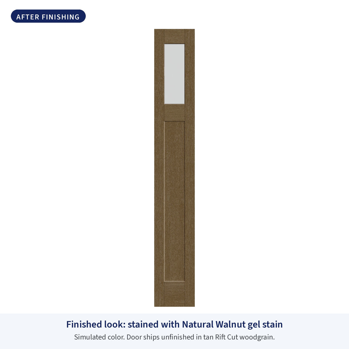 Craftsman flush glazed Rift Cut fiberglass sidelite with frosted glass, shown after finishing with Natural Walnut gel stain (simulated color)