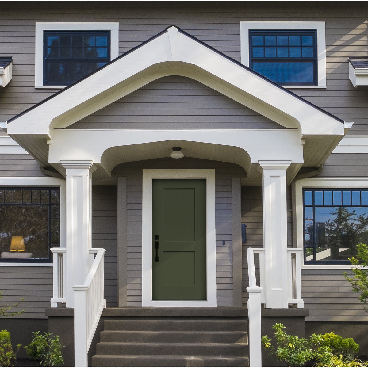 2 Panel Shaker fiberglass entry door, shown installed