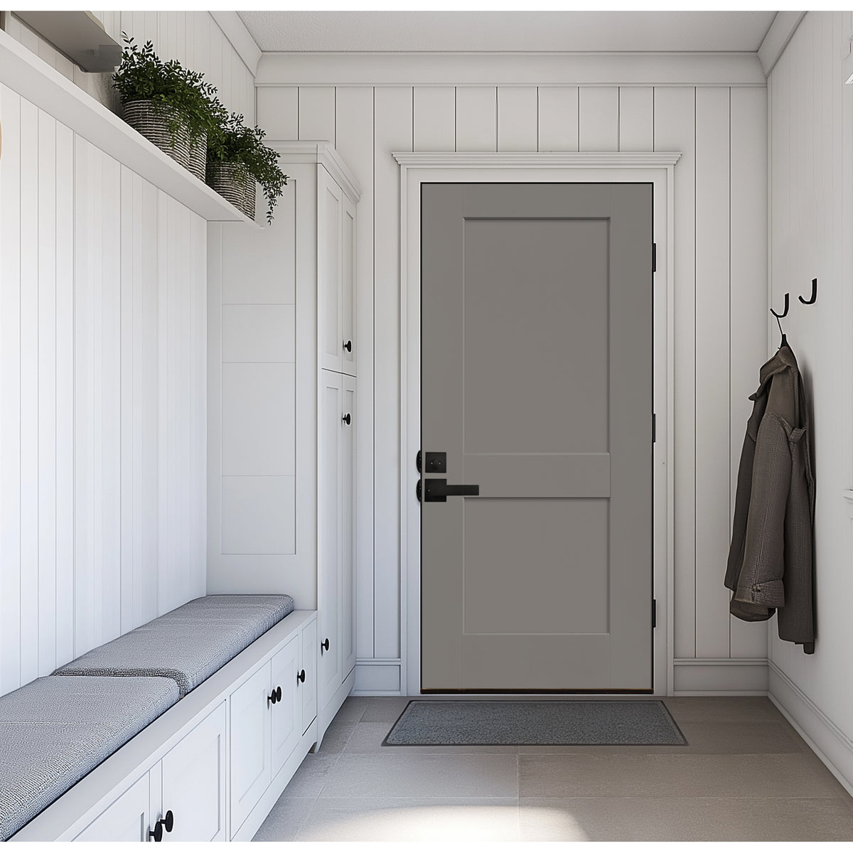 20-minute fire-rated 2 Panel Shaker fiberglass entry door, shown installed