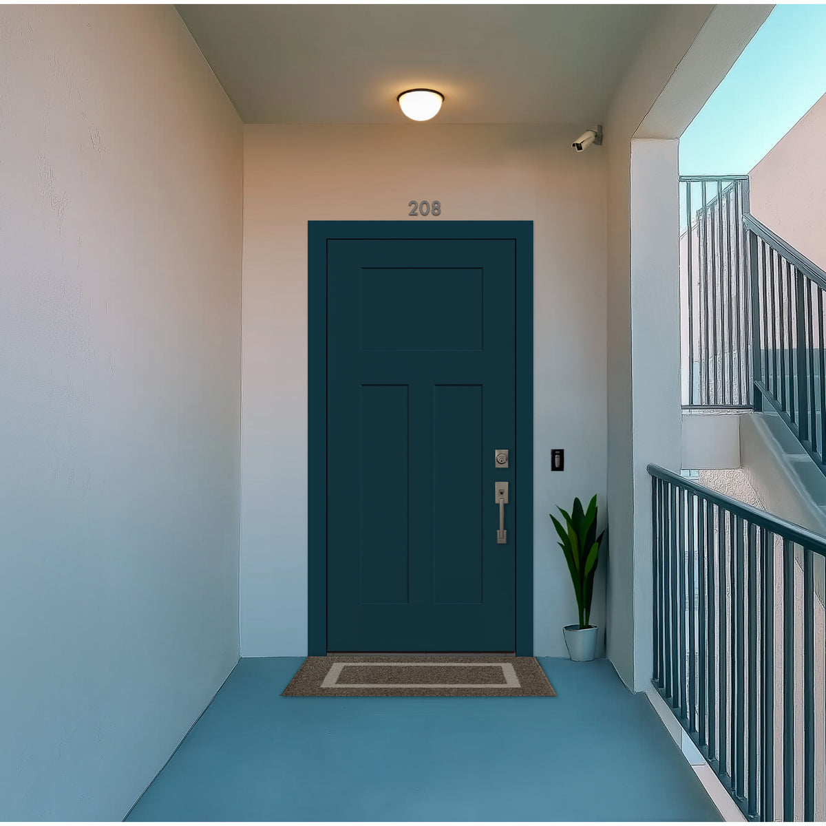 20-minute fire-rated 3 Panel Craftsman fiberglass entry door, shown installed