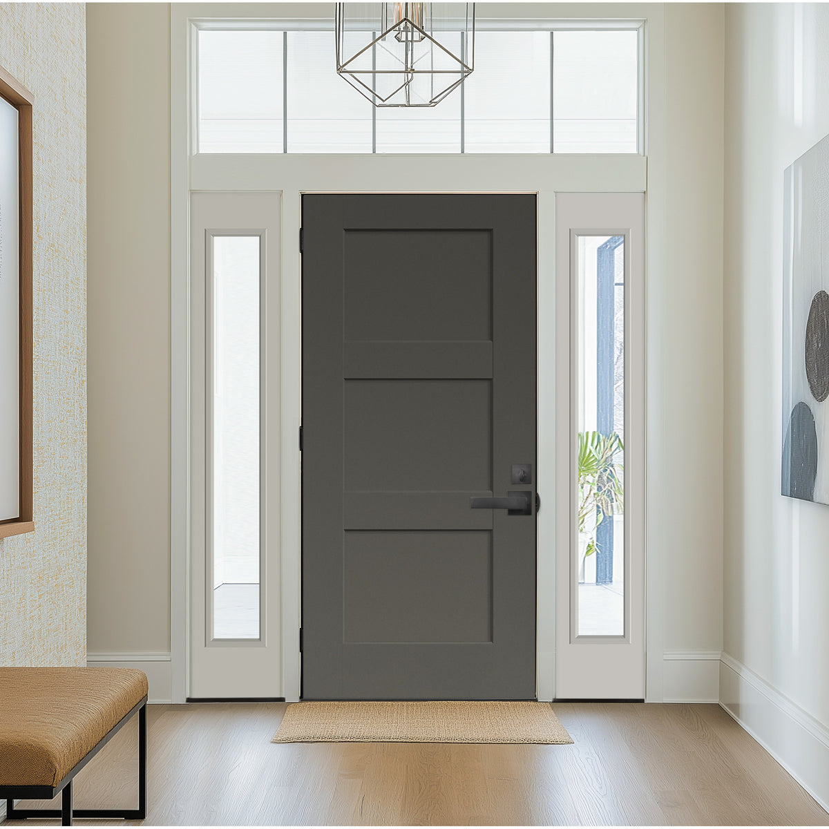 Charcoal 3 panel Shaker fiberglass door with sidelites and transom in a bright entryway