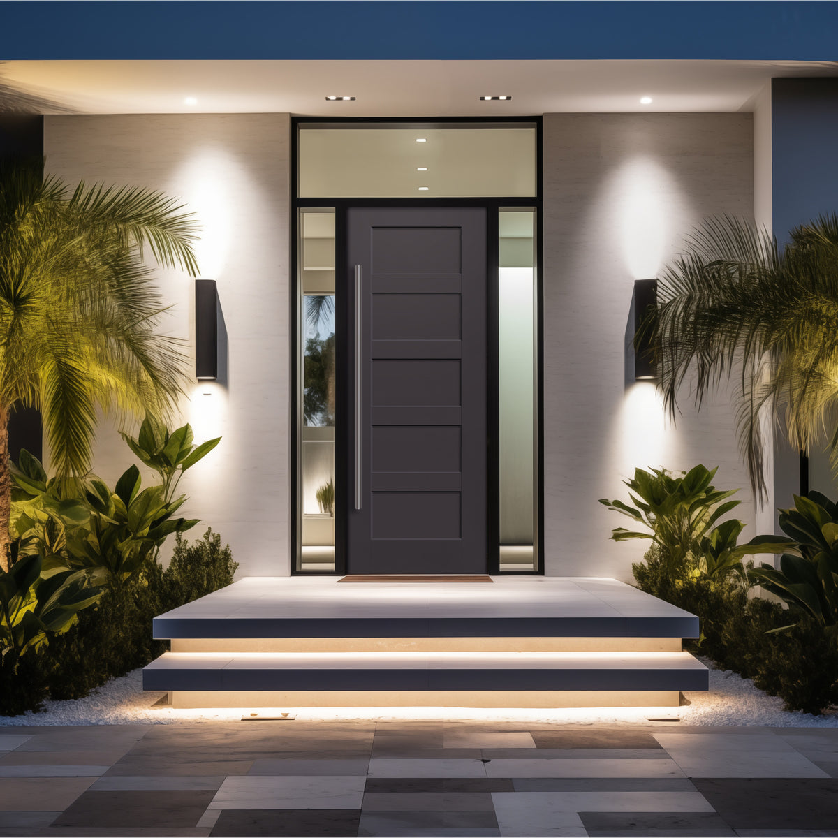 8 foot 5 Panel Shaker fiberglass entry door, shown installed