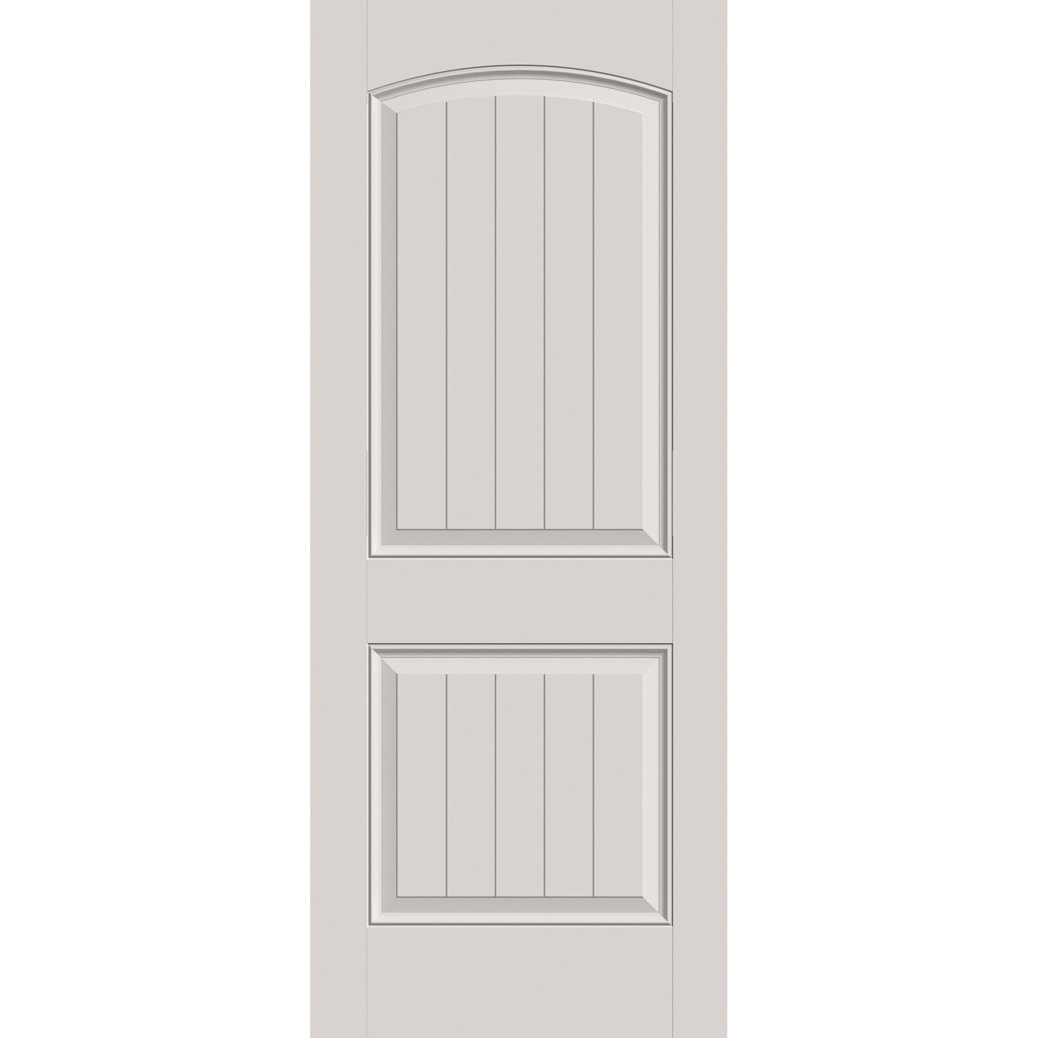20-minute fire-rated fiberglass entry door, 2 panel cambertop plank, 32" x 80", white satin smooth finish