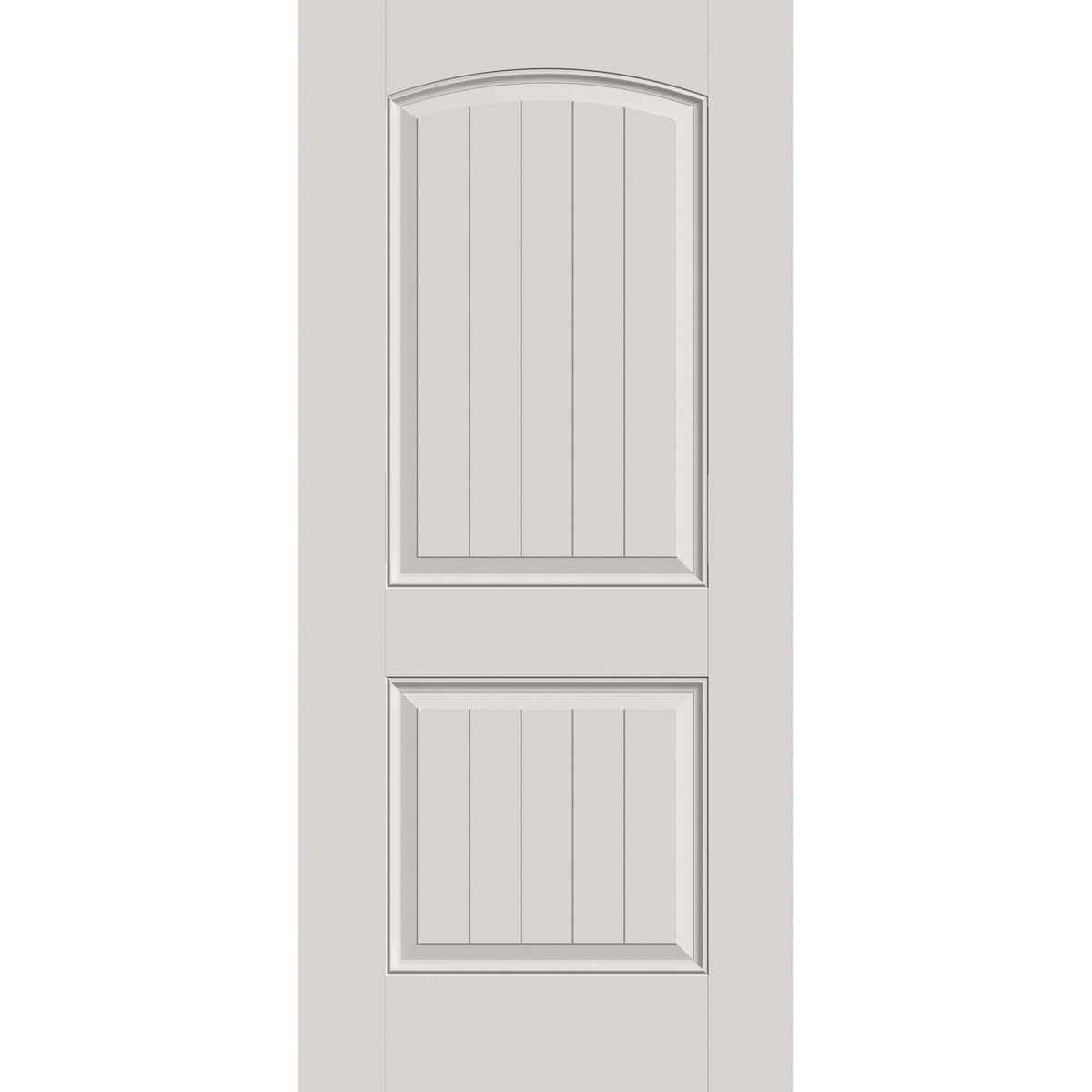20-minute fire-rated fiberglass entry door, 2 panel cambertop plank, 36" x 80", white satin smooth finish