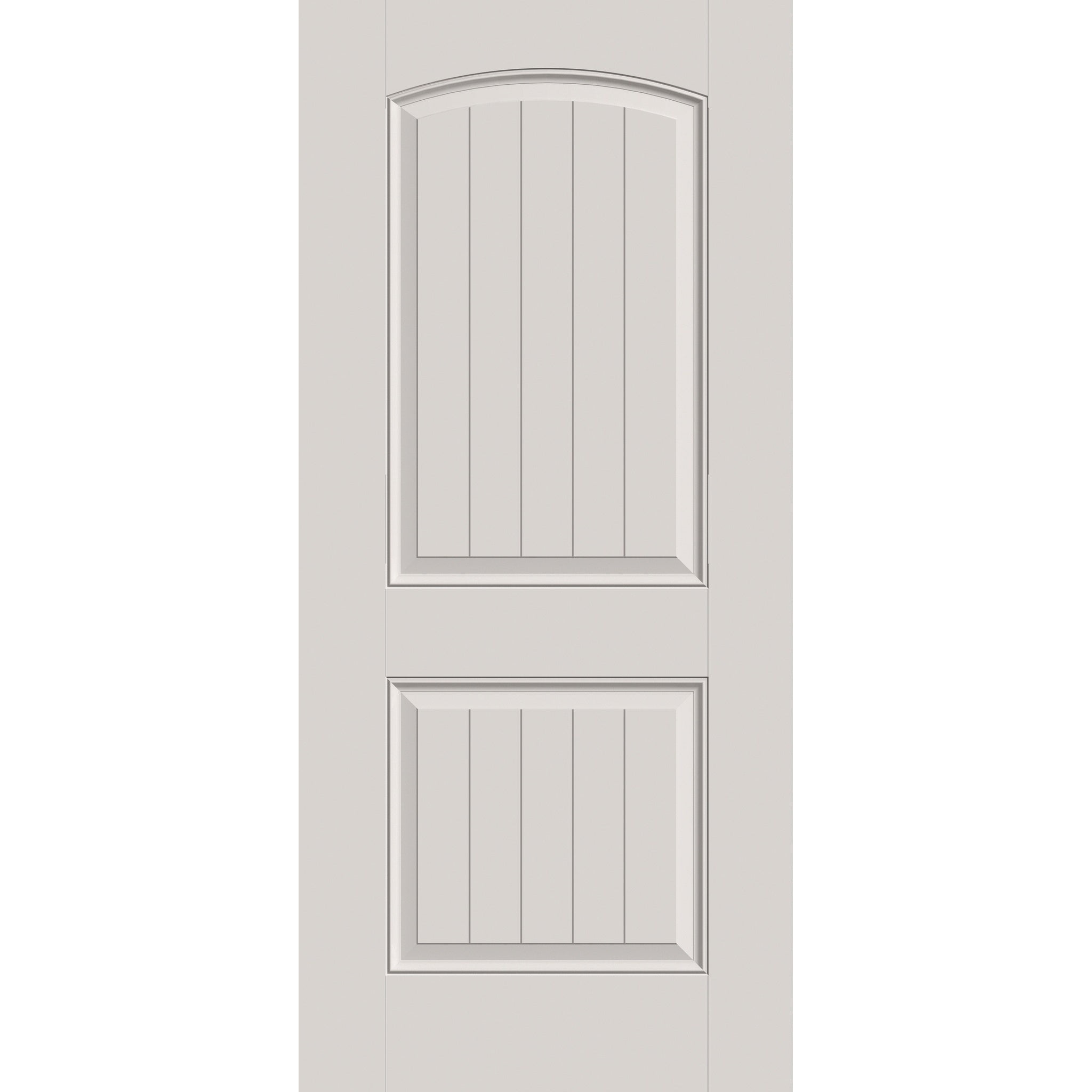 Hurricane-rated fiberglass entry door, 2 panel cambertop plank, 36" x 80", white satin smooth finish