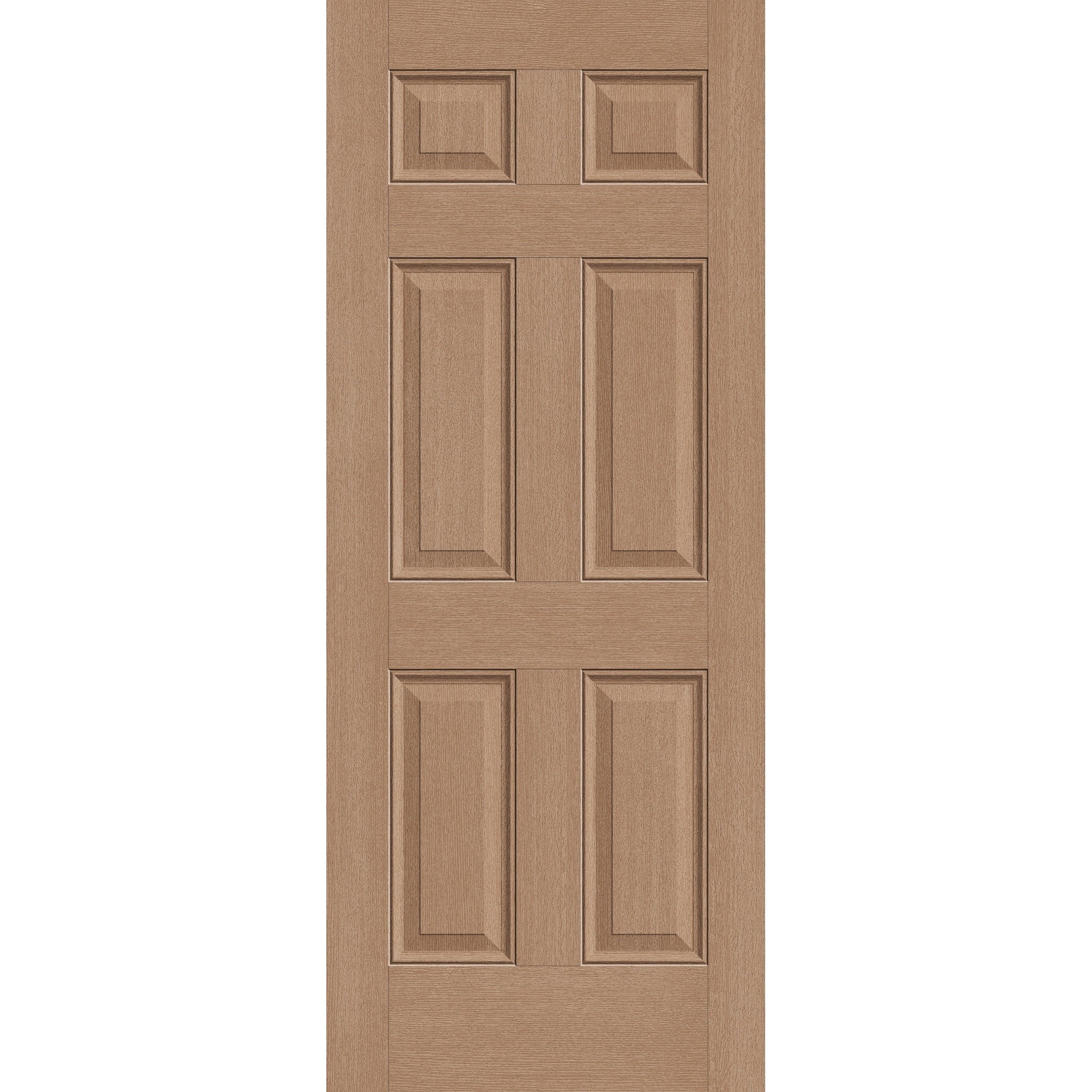 Hurricane-rated fiberglass entry door, 6 panel, 32" x 80", tan woodgrain finish