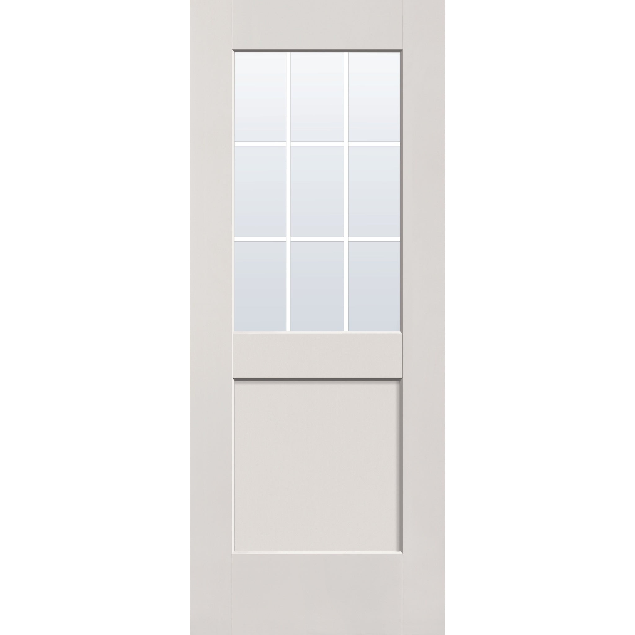 9 light grille flush glazed hurricane-rated fiberglass entry door, half lite shaker, 32" x 80", white satin smooth finish, black grilles between glass