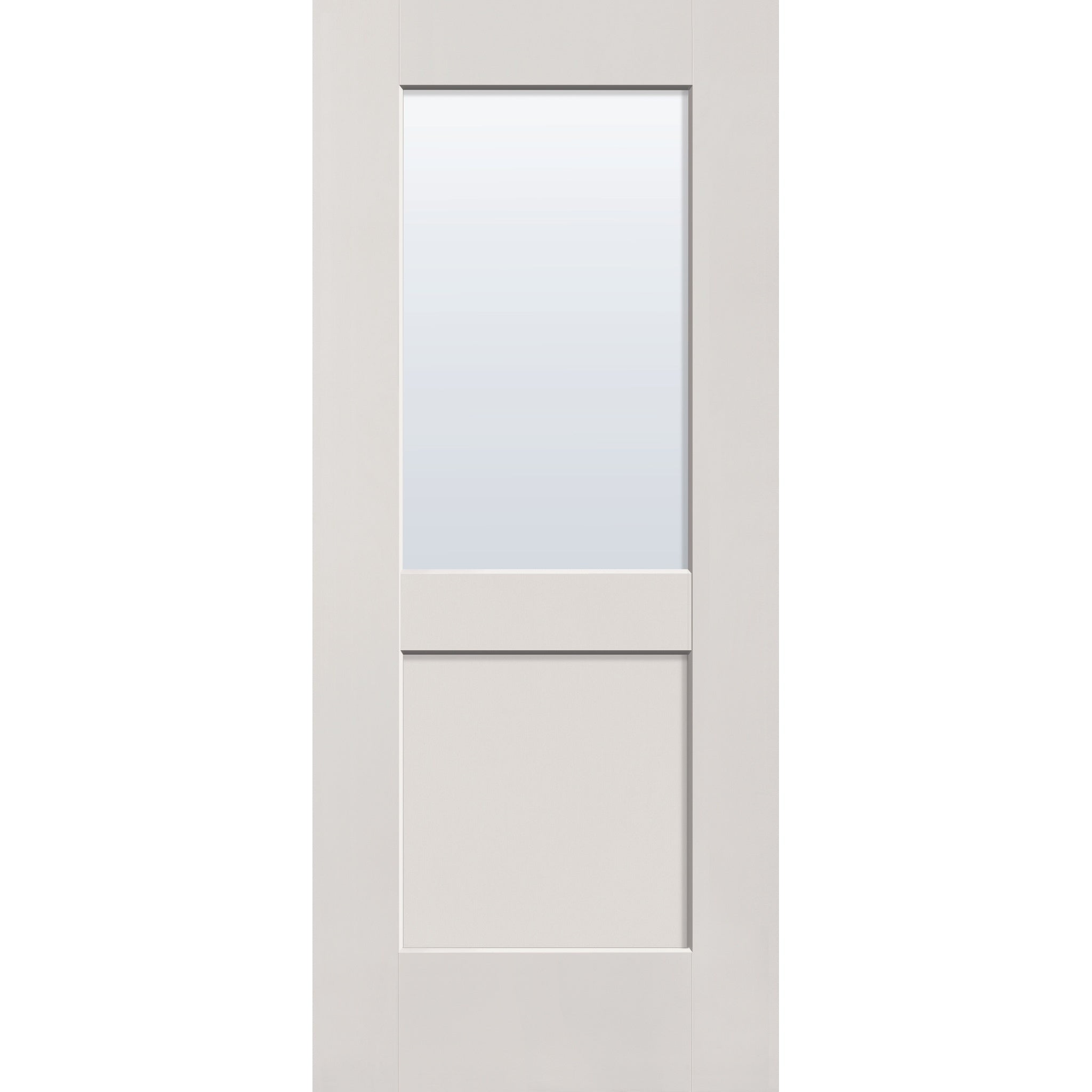 Clear flush glazed fiberglass entry door, half lite shaker, 34" x 80", white satin smooth finish