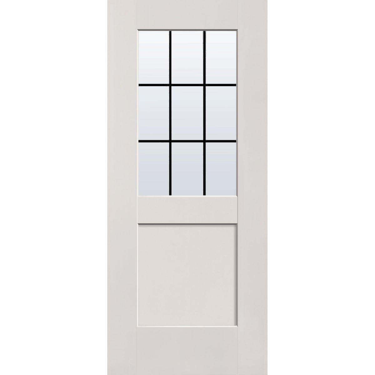 9 light grille flush glazed hurricane-rated fiberglass entry door, half lite shaker, 34" x 80", white satin smooth finish, black grilles between glass