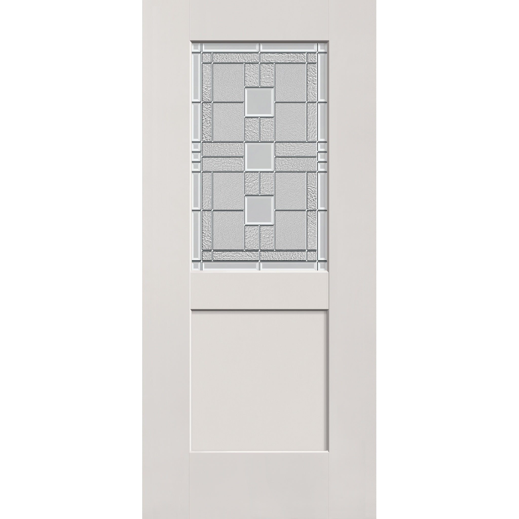 Austin flush glazed fiberglass entry door, half lite shaker, 36" x 80", white satin smooth finish, Satin Nickel caming
